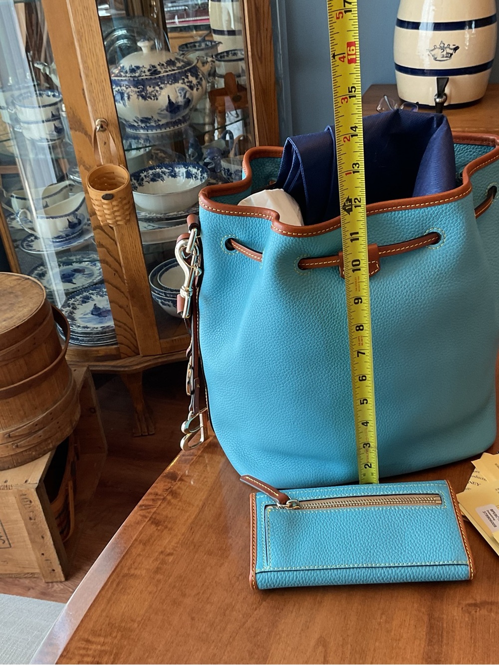 Dooney & Bourke Sky Blue pebble Drawstring Bucket Bag with Matching Wallet - Picture 3 of 15